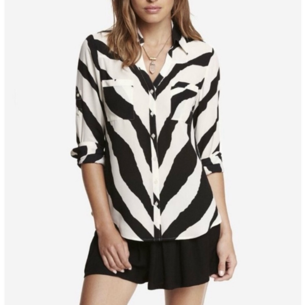 EXPRESS Porofino Shirt Black White Zebra Pockets Tab Longsleeve Women's Size XS